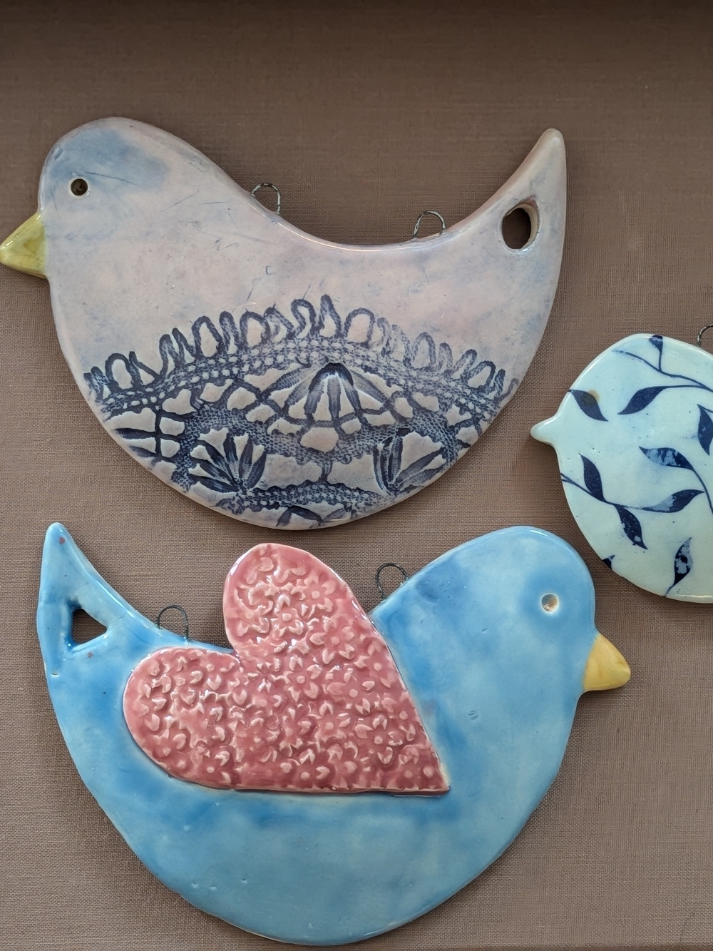 Handmade Ceramic Bird Wall Hanging Set of 3 Pastel Glazed Pottery Art